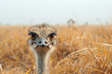 Close-up of a ostrich head standing in a field of tall grass. Farm animals.