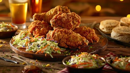 Classic fried chicken with coleslaw and biscuits, picnic table, warm lighting, digital art, hearty and appetizing