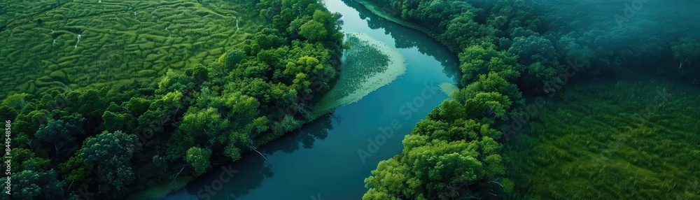 Poster serene aerial view of a winding river flowing through lush green forests and fields, captured in ear