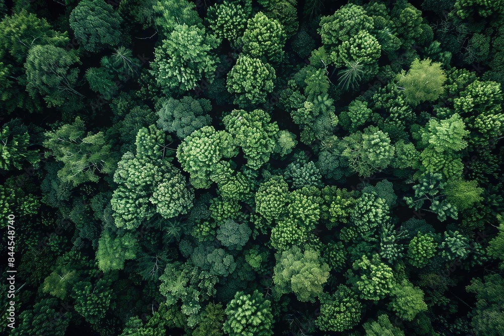 Poster aerial view of lush green forest canopy. dense greenery of various tree species creating a vibrant n