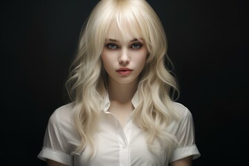 Fototapeta premium Portrait of a woman with blonde hair and captivating blue eyes on a shadowy backdrop