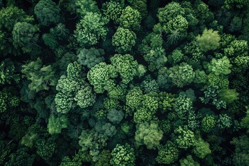 Naklejka premium Aerial view of lush green forest canopy. Dense greenery of various tree species creating a vibrant natural landscape from above.