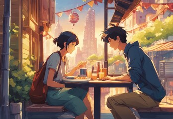 an Indian boy and girl discussing with each other while smiling kindly in a city with anime and cartoon style