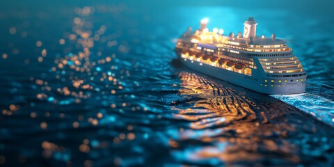 An illuminated cruise ship sails through calm waters at night, its lights reflecting beautifully on the water, capturing the essence of tranquility and elegance on the sea.