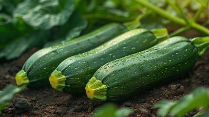   A cluster of cucumbers atop soil beside a verdant foliage