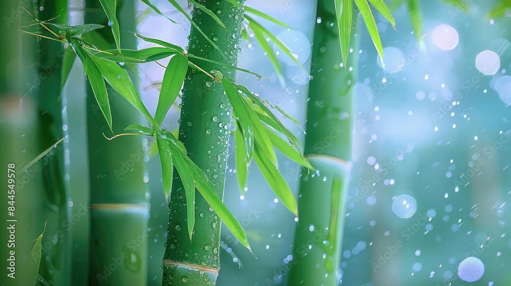 Poster close-up of vibrant green bamboo stems with dewdrops, creating a fresh and tranquil atmosphere in a 