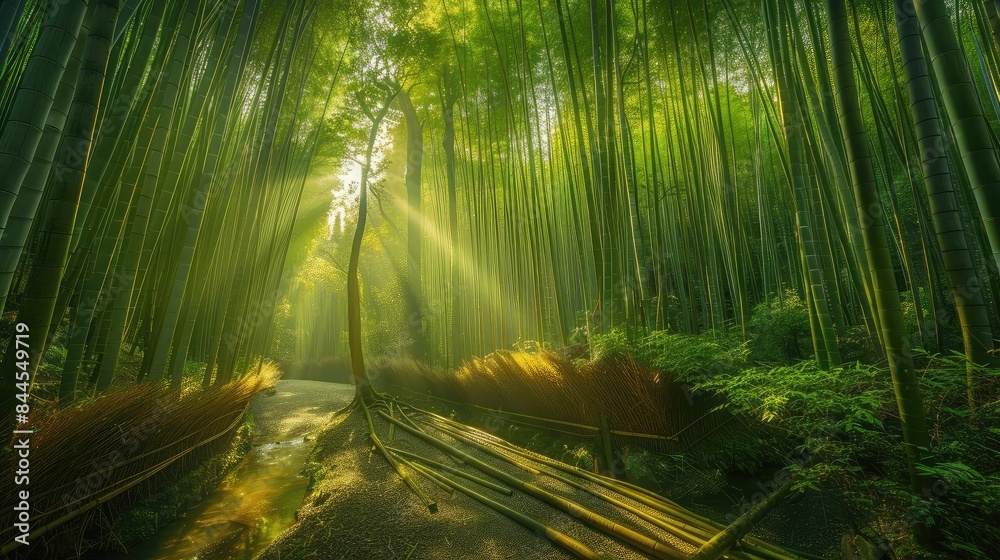 Poster serene bamboo forest with sunlight piercing through the tall trees, creating a calm and peaceful atm