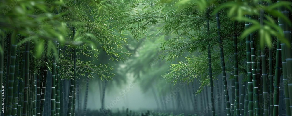 Poster serene bamboo forest path enveloped in lush green foliage, creating a tranquil and peaceful atmosphe