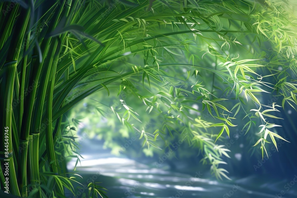 Aufkleber Serene bamboo forest path with sunlight filtering through the leaves, creating a tranquil and peaceful natural scene.