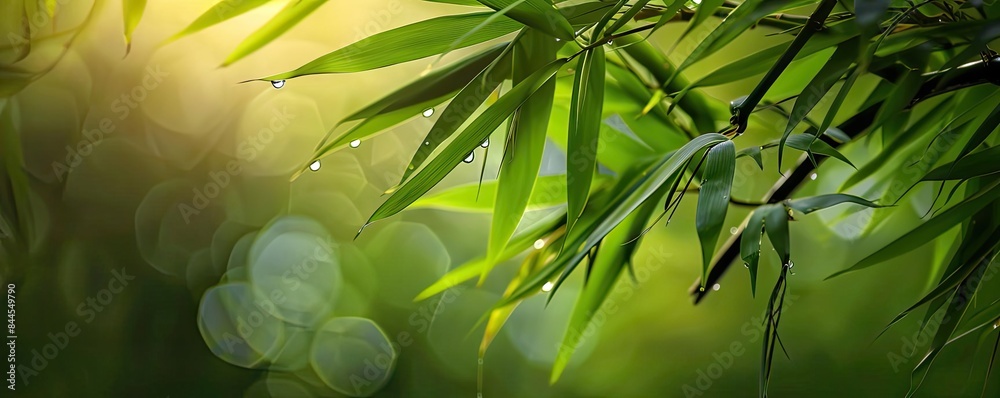 Poster Sunlit bamboo leaves with morning dew, creating a peaceful and natural background with a bokeh effect.
