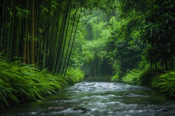 Obraz premium Serene bamboo forest with a flowing river, lush green foliage, and tranquil atmosphere, perfect for nature and relaxation themed content.
