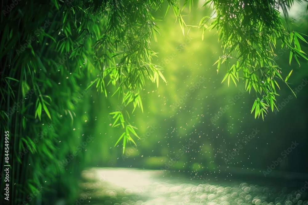 Poster Serene bamboo forest with sunlight piercing through leaves, creating a tranquil and peaceful natural environment near a calm stream.