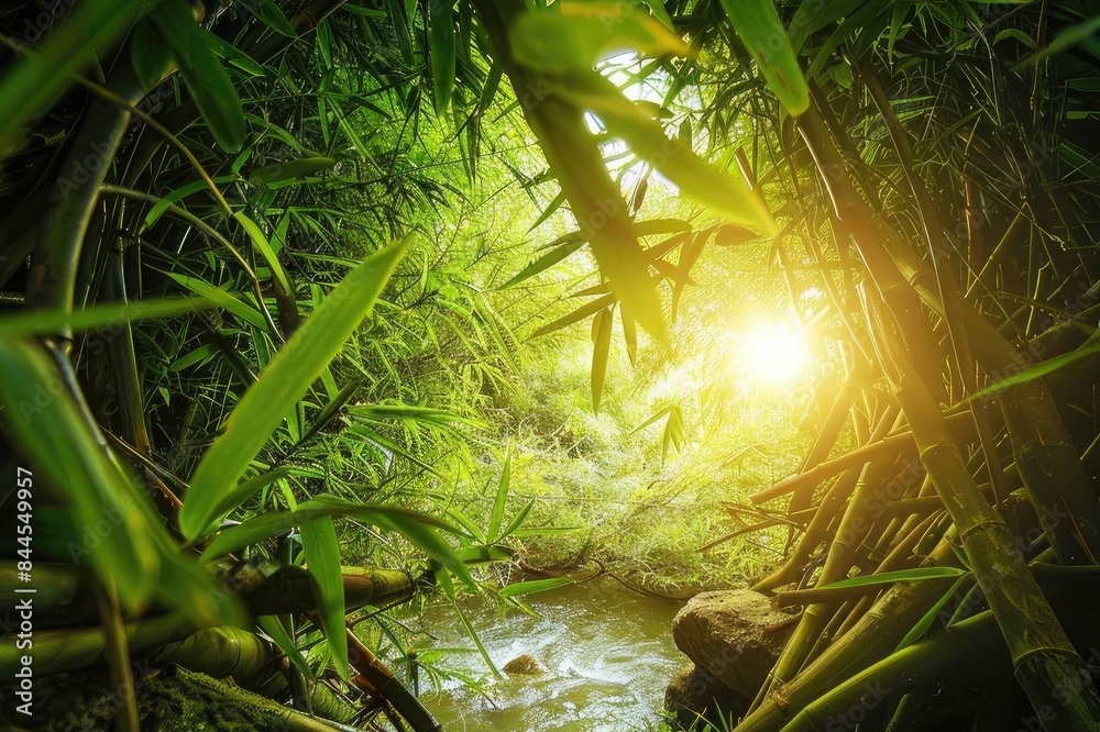 Aufkleber lush green bamboo forest with rays of sunlight streaming through, creating a serene and peaceful nat