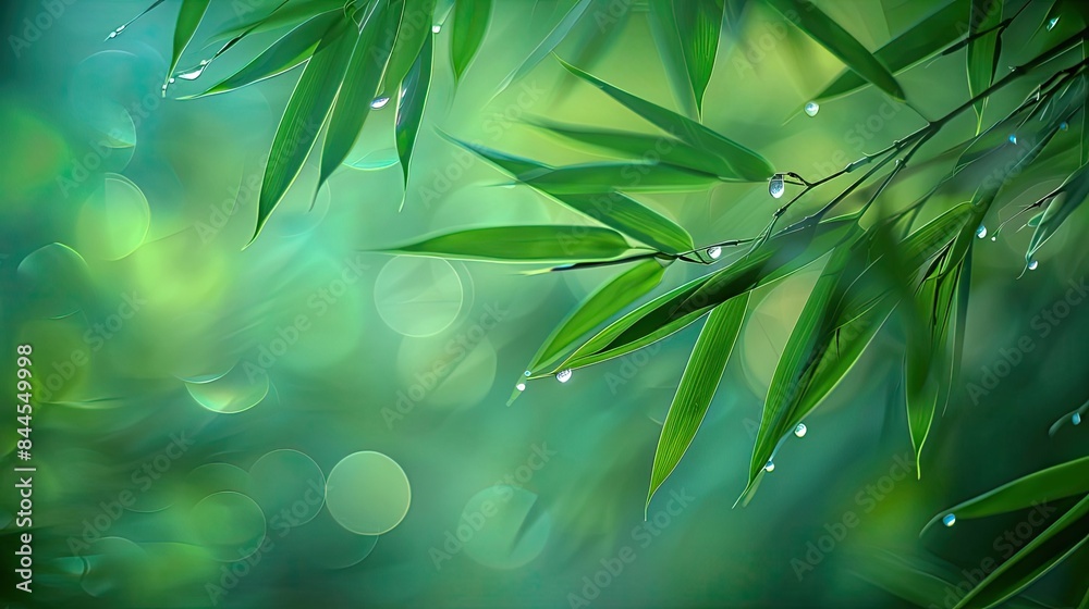 Poster beautiful green bamboo leaves with dewdrops on a blurred bokeh background, creating a serene and tra