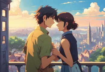 an Indian boy and girl discussing with each other while smiling kindly in a city with anime and cartoon style
