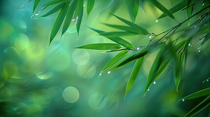 Obraz premium Beautiful green bamboo leaves with dewdrops on a blurred bokeh background, creating a serene and tranquil nature scene.