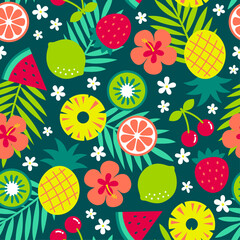 Colorful tropical fruit, palm leaf and flower seamless pattern for summer holidays background.