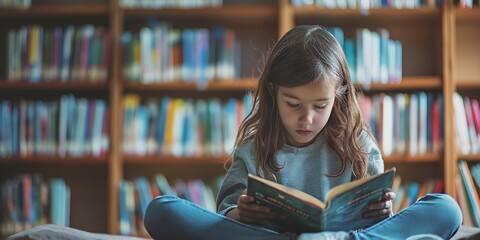A young girl sits cross-legged, engrossed in reading a book, in a cozy library with shelves filled with numerous books illuminating the background.