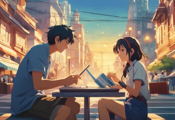 an Indian boy and girl discussing with each other while smiling kindly in a city with anime and cartoon style