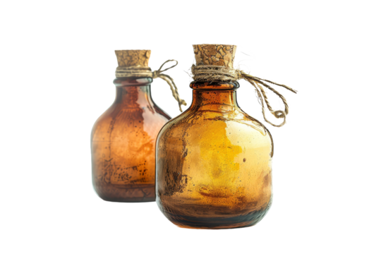 Vintage Glass Bottles with Cork Stoppers Isolated on Transparent Background