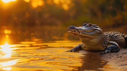 A large alligator is laying in the water, with the sun reflecting off the water