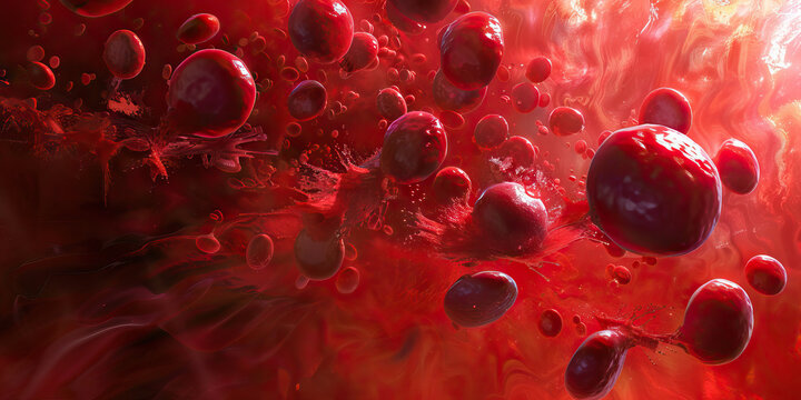 Crimson Red Hemoglobin Oxygenation: Microscopic examination of crimson red-colored hemoglobin molecules, depicting oxygen binding and release