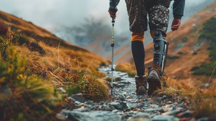 Inclusive Outdoor Activity: Person with Prosthetic Limb Hiking, Embracing Diversity and Accessibility in Nature Experiences - Powered by Adobe