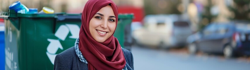 Fototapeta premium Cultural Diversity in Environmental Actions, Woman in Hijab Recycling to Promote Inclusivity and Sustainability