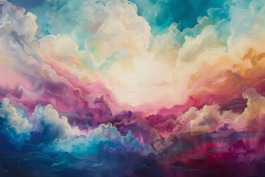 Radiant clouds of diverse hues drift and fuse, painting a serene and fluid mosaic in a liquid canvas.