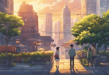 an Indian boy and girl discussing with each other while smiling kindly in a city with anime and cartoon style