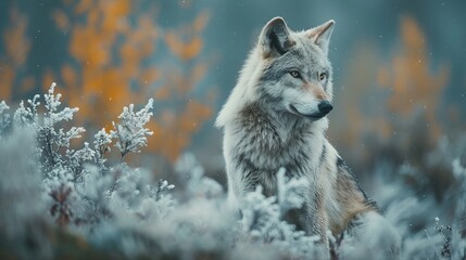 Fototapeta premium A wolf is standing in a field of snow and leaves
