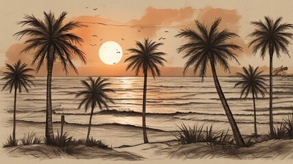 Silhouetted tree on a beach at sunset, with fiery colors reflecting on the sea