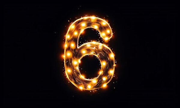 The number 6 is formed by a series of bright, glowing lights. The golden hues create a warm and inviting appearance against a black background