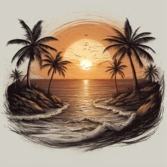 Silhouetted tree on a beach at sunset, with fiery colors reflecting on the sea