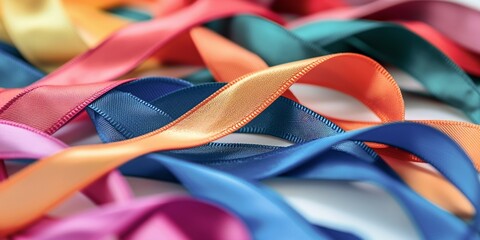 An assortment of colorful, glossy ribbons intertwined and overlapping in a decorative arrangement, showcasing vibrant creativity and the joy of colorful expression.
