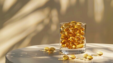 Many vitamin D3 capsules stacked in a container made of glass