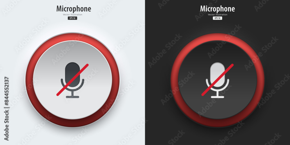 Poster Microphone sign. A set of black and white push buttons with stop microphone symbols. 3D Neumorphism design style for Apps, Websites, Interfaces, and mobile apps. UI UX. Vector illustration.