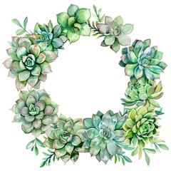 Beautiful round wreath made of various green succulents and leaves on a white background. Perfect for invitations and decorations.