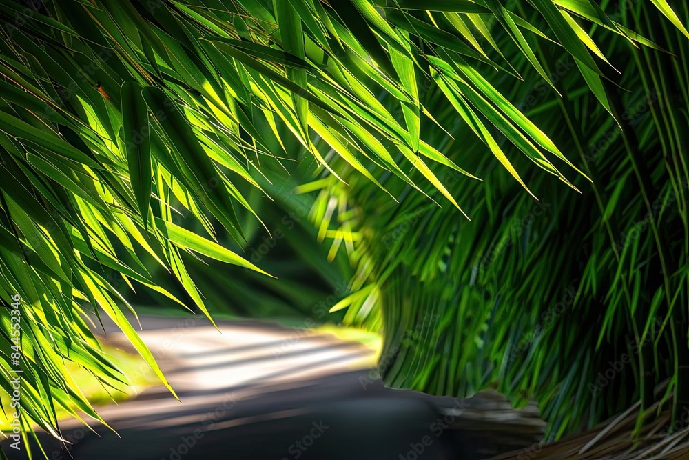 Aufkleber a peaceful bamboo pathway with sunlight filtering through the dense green leaves, creating a serene 