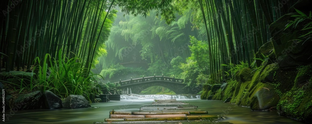 Poster serene bamboo forest with a bridge over a tranquil stream, creating a peaceful and enchanting nature