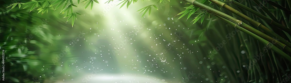 Poster serene forest scene with sunlight filtering through lush bamboo leaves, creating a peaceful and calm
