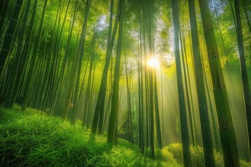 Obraz premium Sunlight streaming through a lush, green bamboo forest, creating a serene and tranquil natural scene filled with tall bamboo stalks.