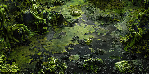 Slimy Sludge Swamp: Detailed microscopy of slimy and splattered residues in a swamp setting, colored in slimy greens, greasy blacks, and scummy grays