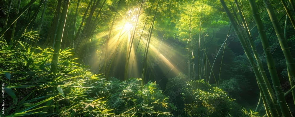 Poster Sunlight filters through dense bamboo forest, creating a serene and enchanting natural scene with lush green foliage.