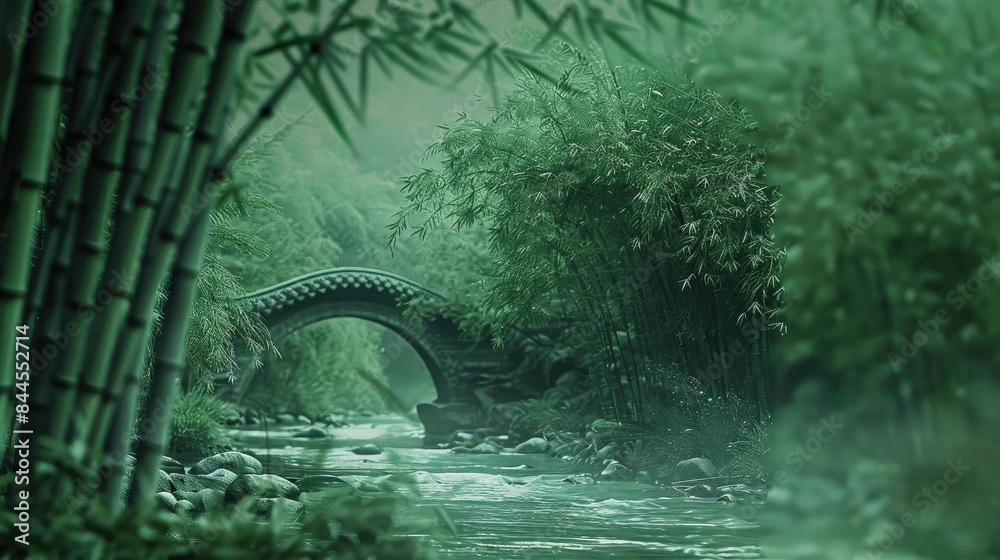 Poster Serene bamboo forest with a misty river and an ancient stone bridge creating a tranquil and atmospheric scene.