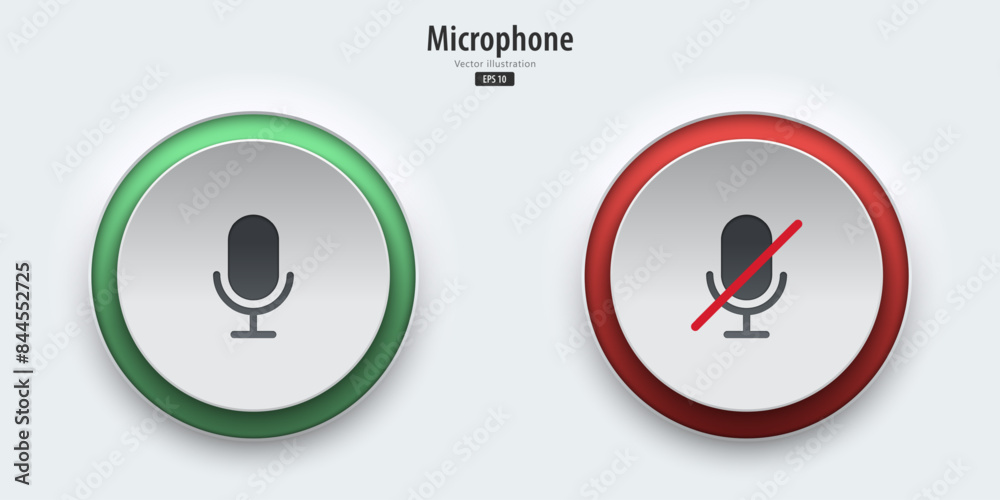 Leinwandbilder microphone sign. a set of white push buttons with on and off microphone symbols. 3d neumorphism desi
