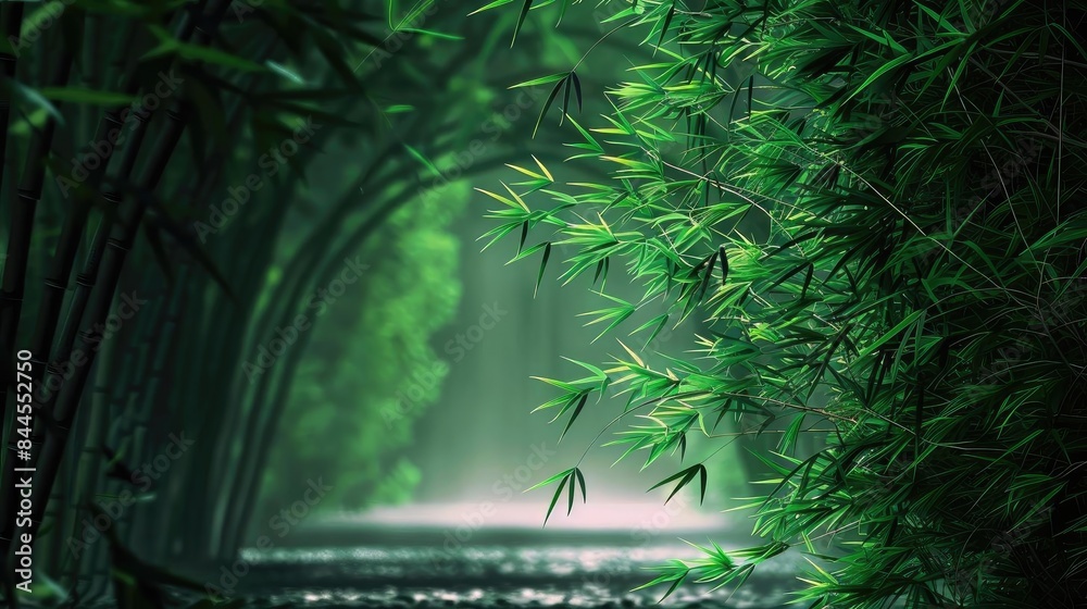 Poster enchanting bamboo forest pathway with lush greenery and soft light, creating a serene and tranquil n