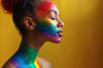 Fototapeta premium Woman with dark curly hair and rainbow makeup in front of yellow background with copy space