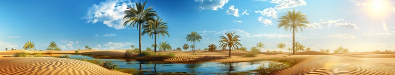 sunset over the sea, Desert Oasis Exotic blurred background image of a desert oasis with palm trees, a small pond, and the blue sky with the sun shining brightly. 