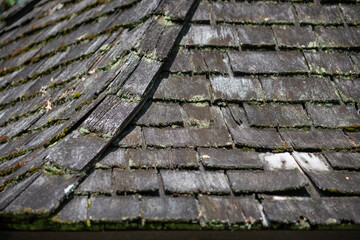 close-up of old cedar roofing 